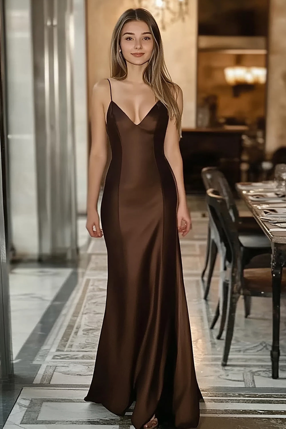 Coffee Satin Spaghetti Straps Mermaid Formal Dress