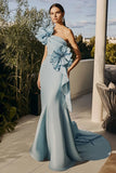 Sky Blue Cold Shoulder Mermaid Formal Dress with Ruffles