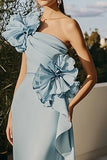 Sky Blue Cold Shoulder Mermaid Formal Dress with Ruffles