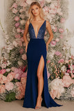 Dark Blue V-Neck Sheath Sequins Chiffon Formal Dress