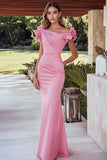 Pink Mermaid Satin Ruched Long Formal Dress with Ruffled Sleeves