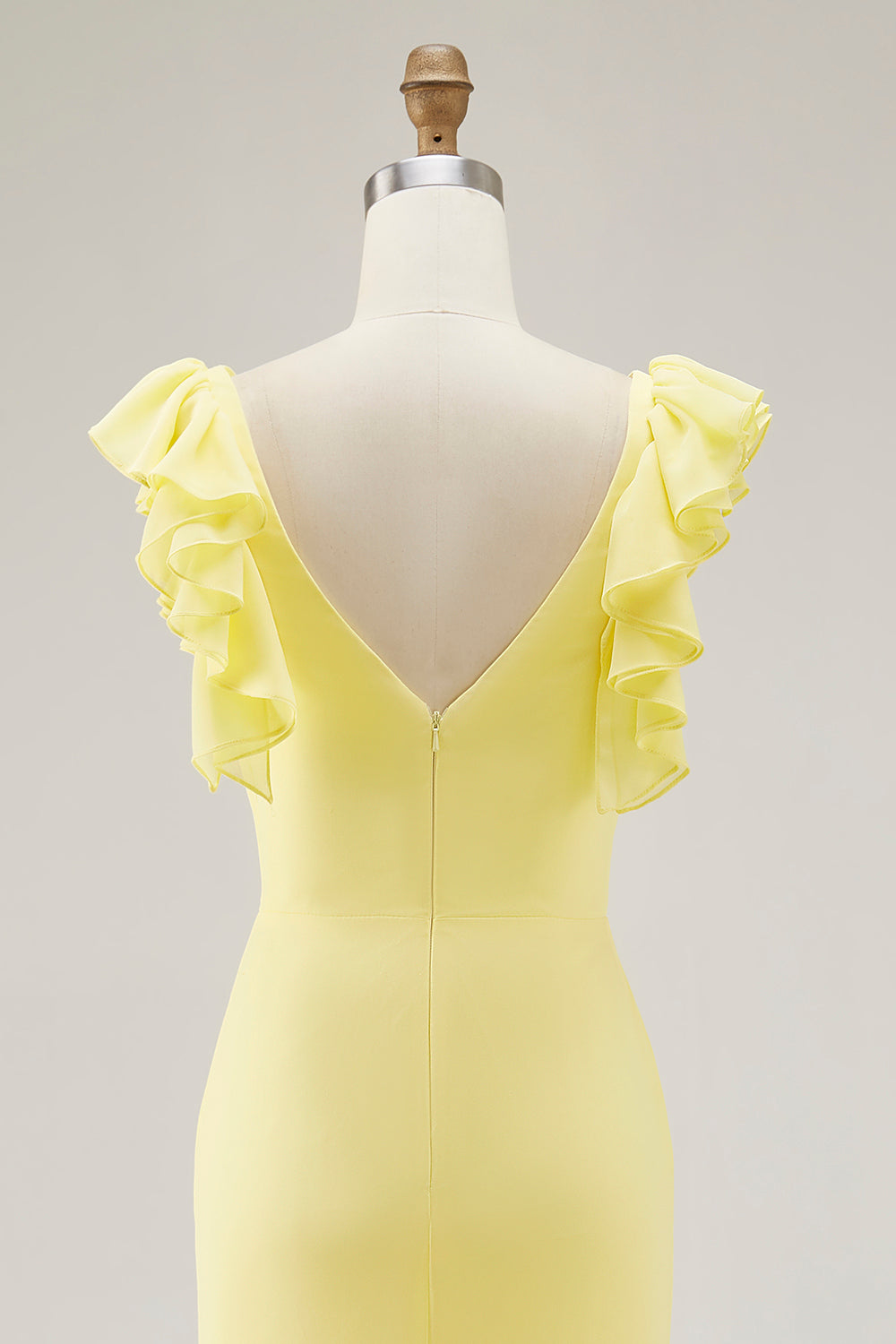 Yellow V-Neck Mermaid Ruffles Formal Dress with Slit