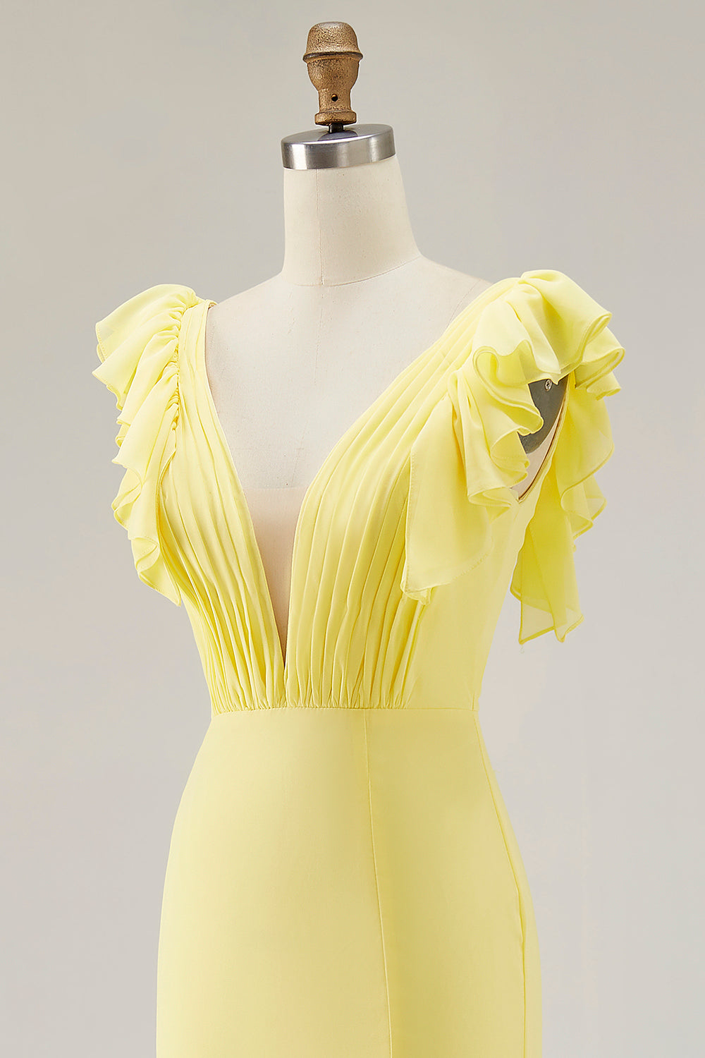 Yellow V-Neck Mermaid Ruffles Formal Dress with Slit