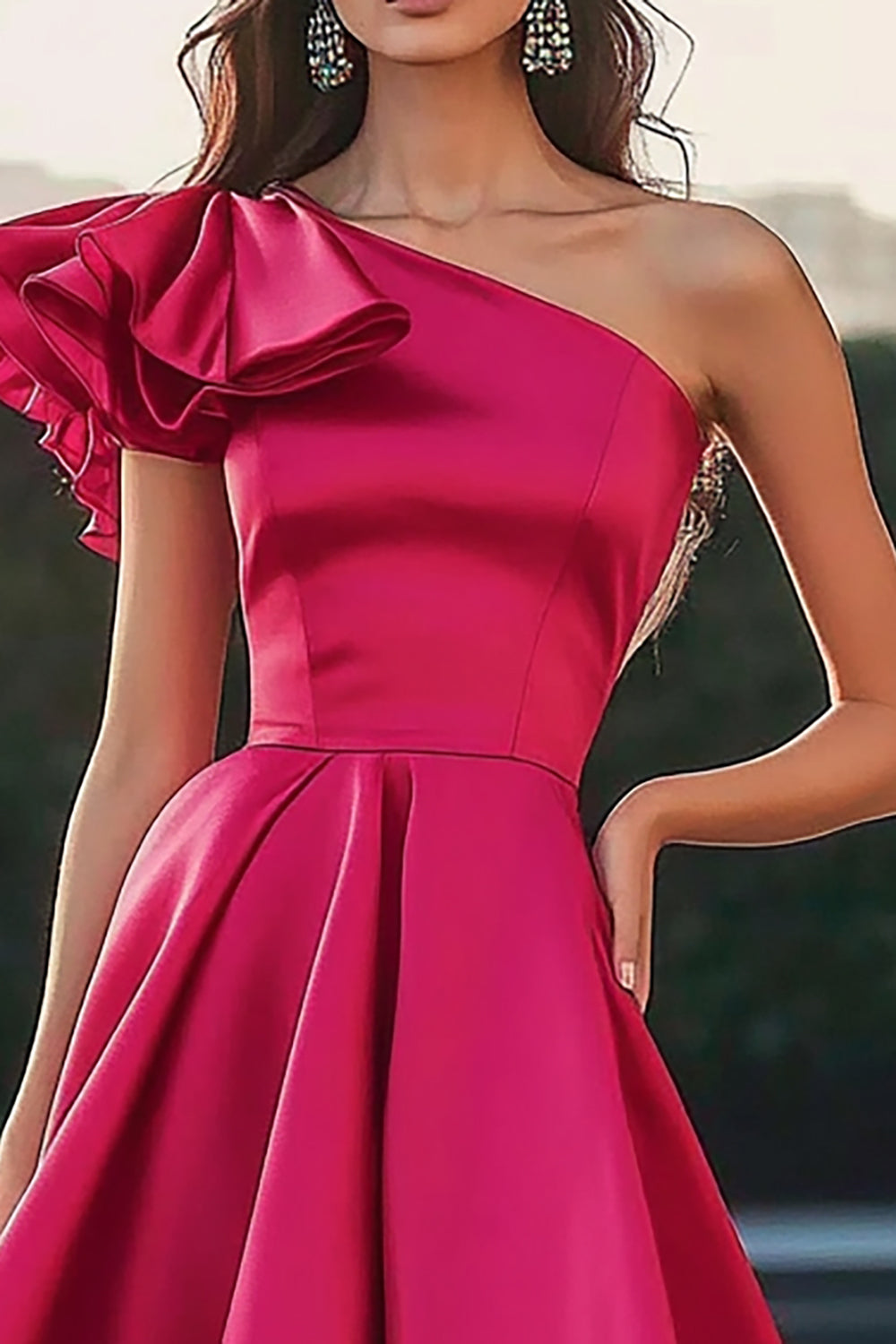 Fuchsia One Shoulder High-Low Satin A Line Formal Dress