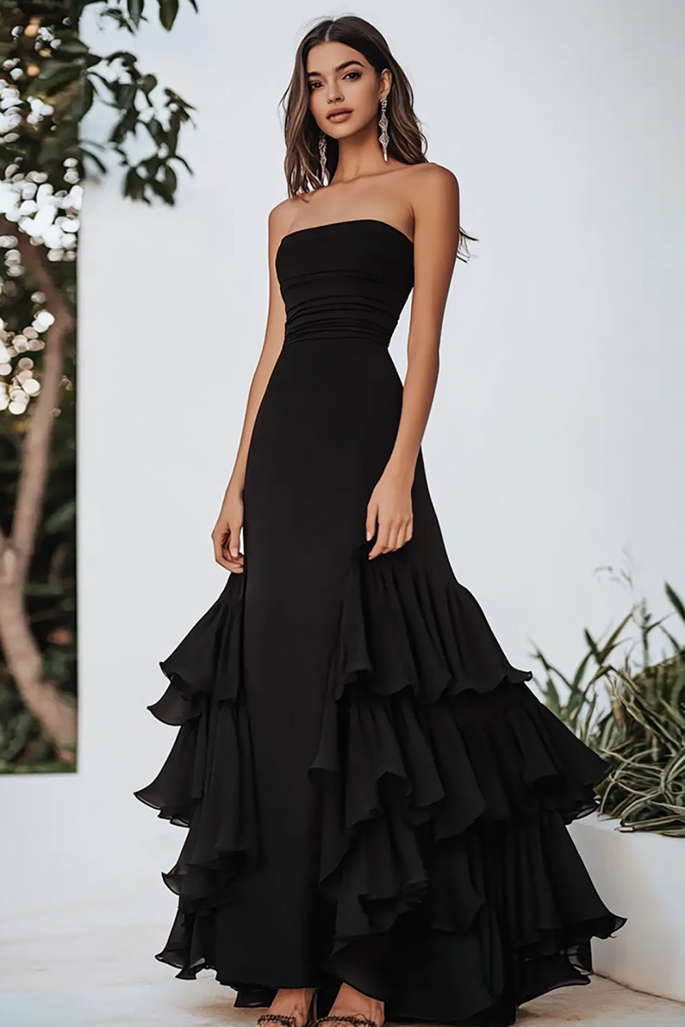 A Line Black Ruffled Chiffon Long Formal Dress