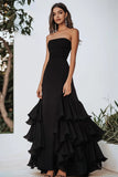 A Line Black Ruffled Chiffon Long Formal Dress