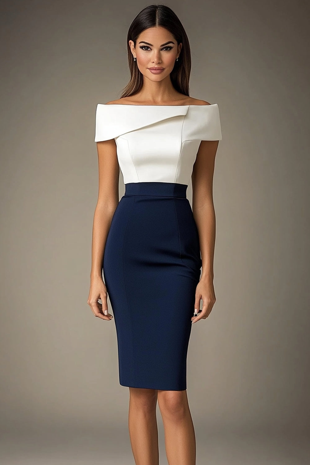 White and Navy Off The Shoulder Bodycon Formal Dress