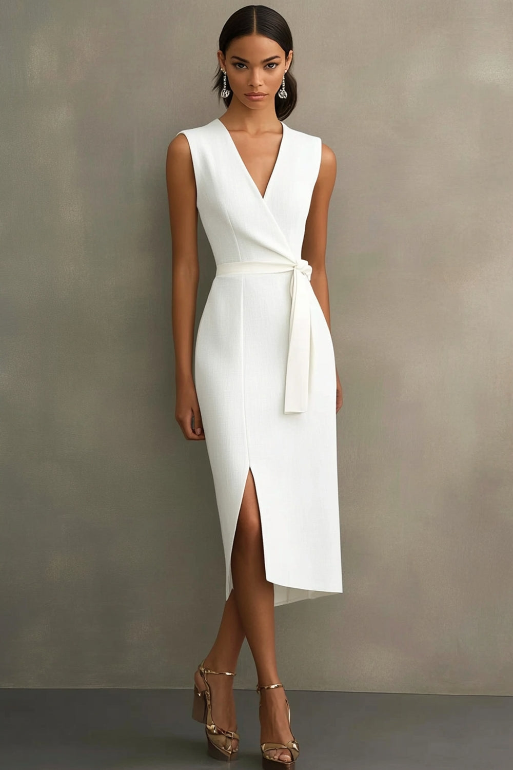ZAPAKA Women White Formal Dress with Belt Satin V-Neck Tea Length Cocktail Dress with Slit