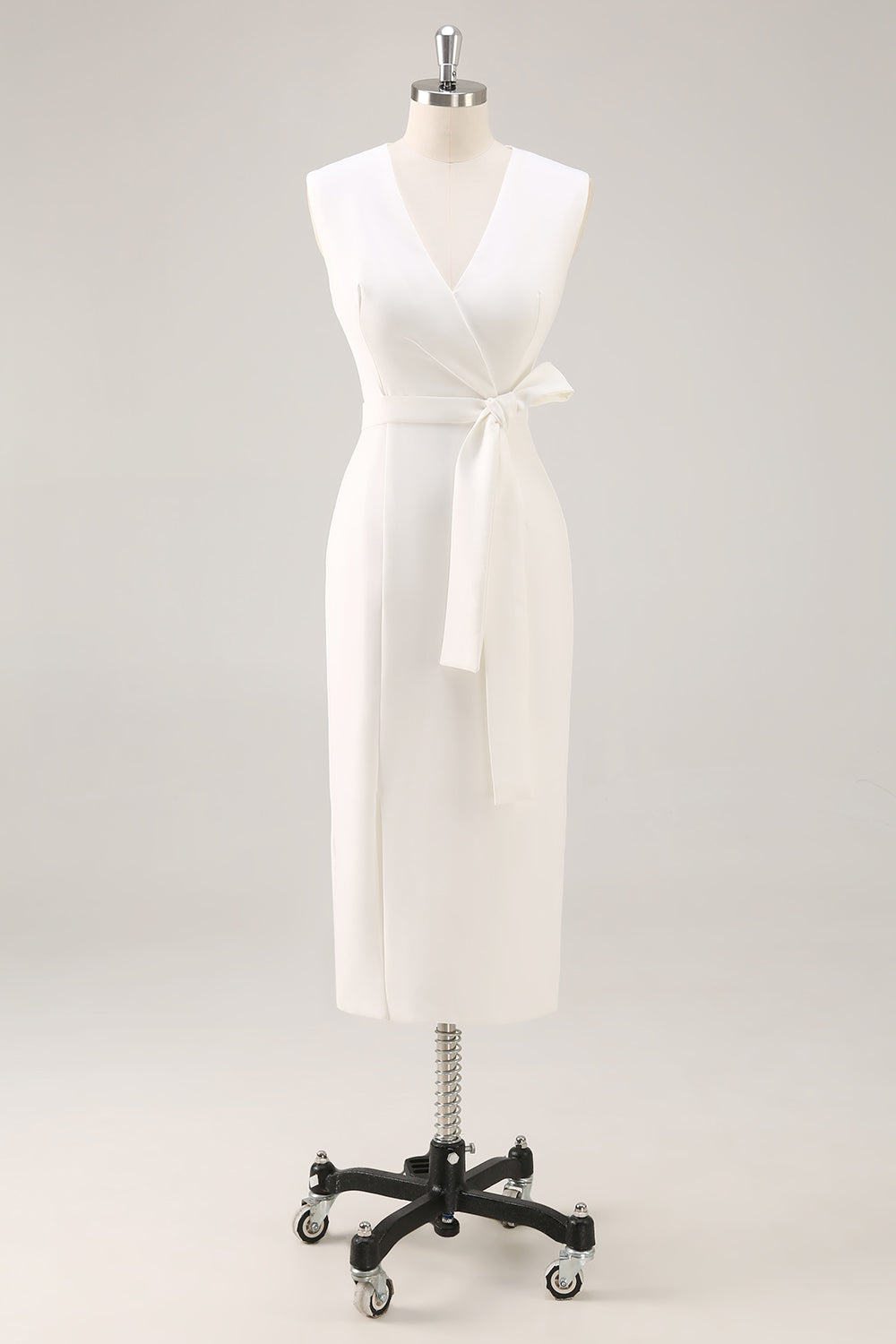 White Satin V-Neck Formal Dress with Belt