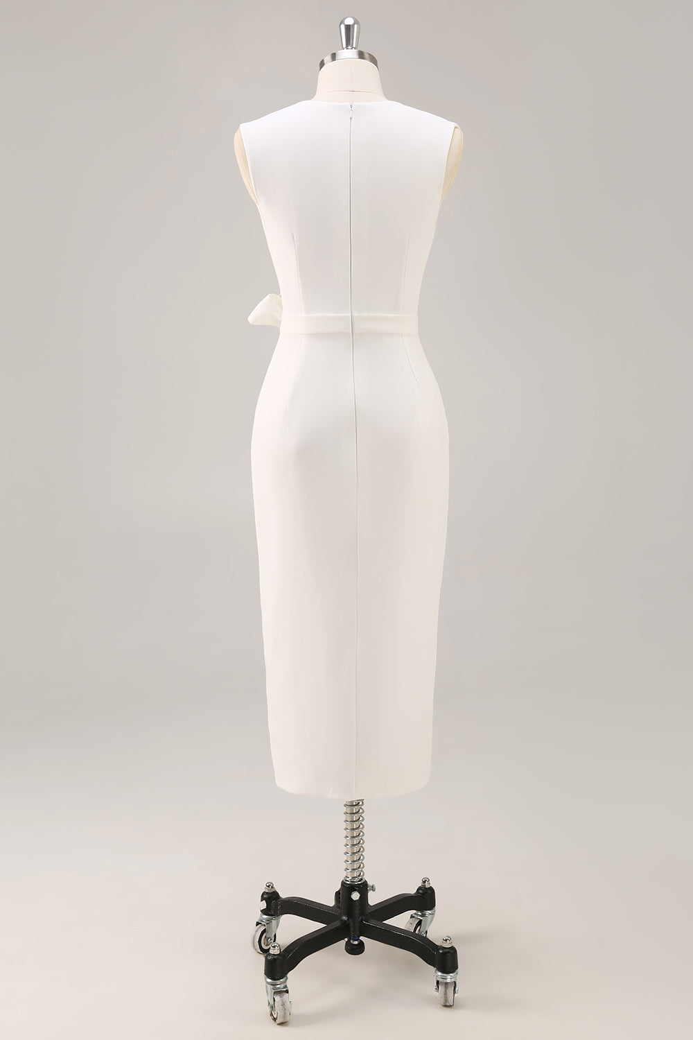 White Satin V-Neck Formal Dress with Belt
