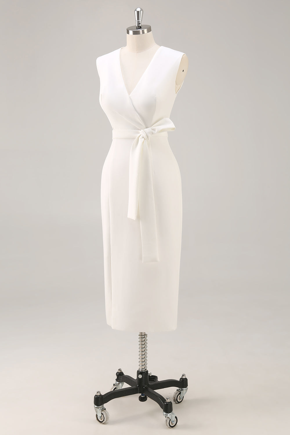 White Satin V-Neck Formal Dress with Belt