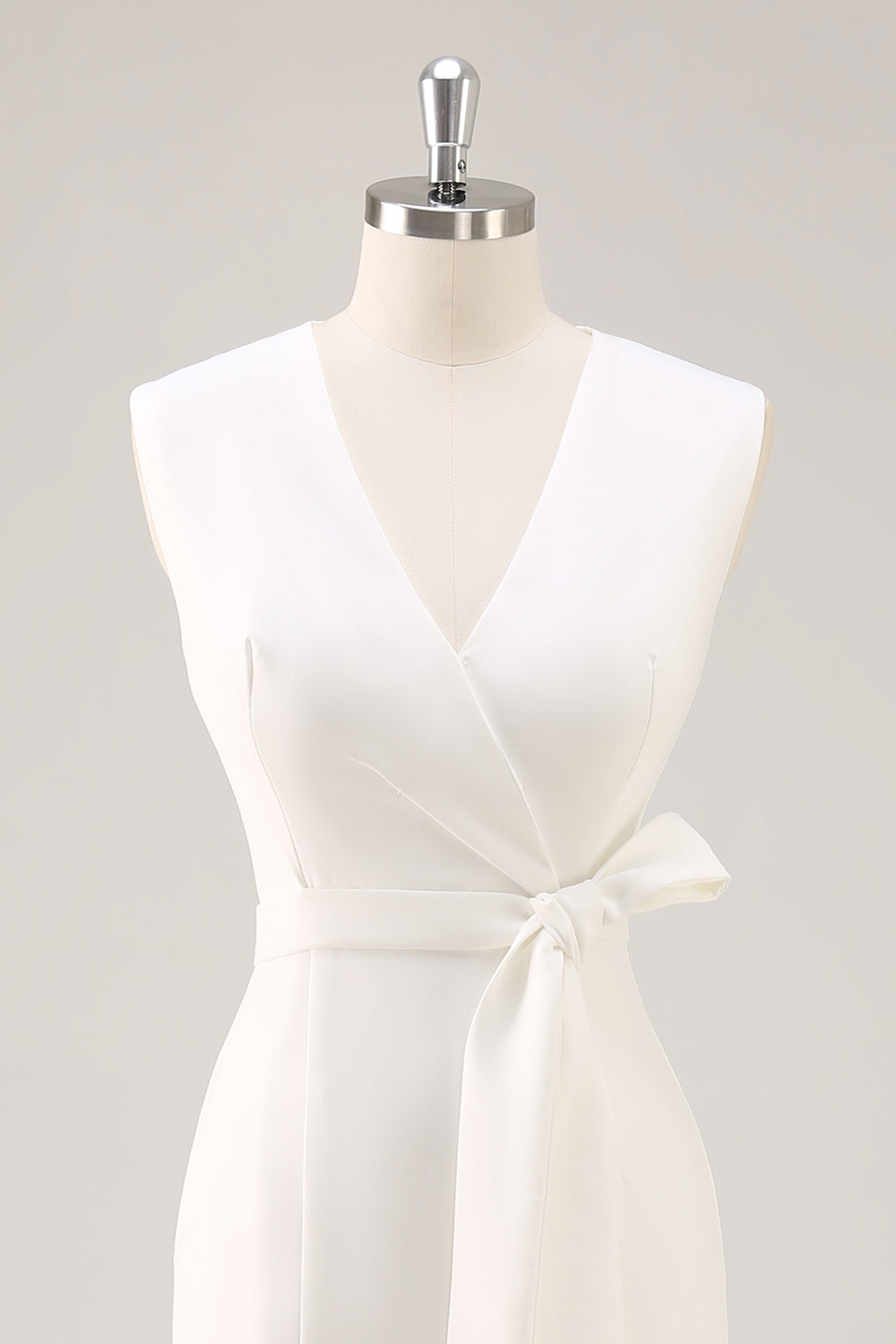 White Satin V-Neck Formal Dress with Belt