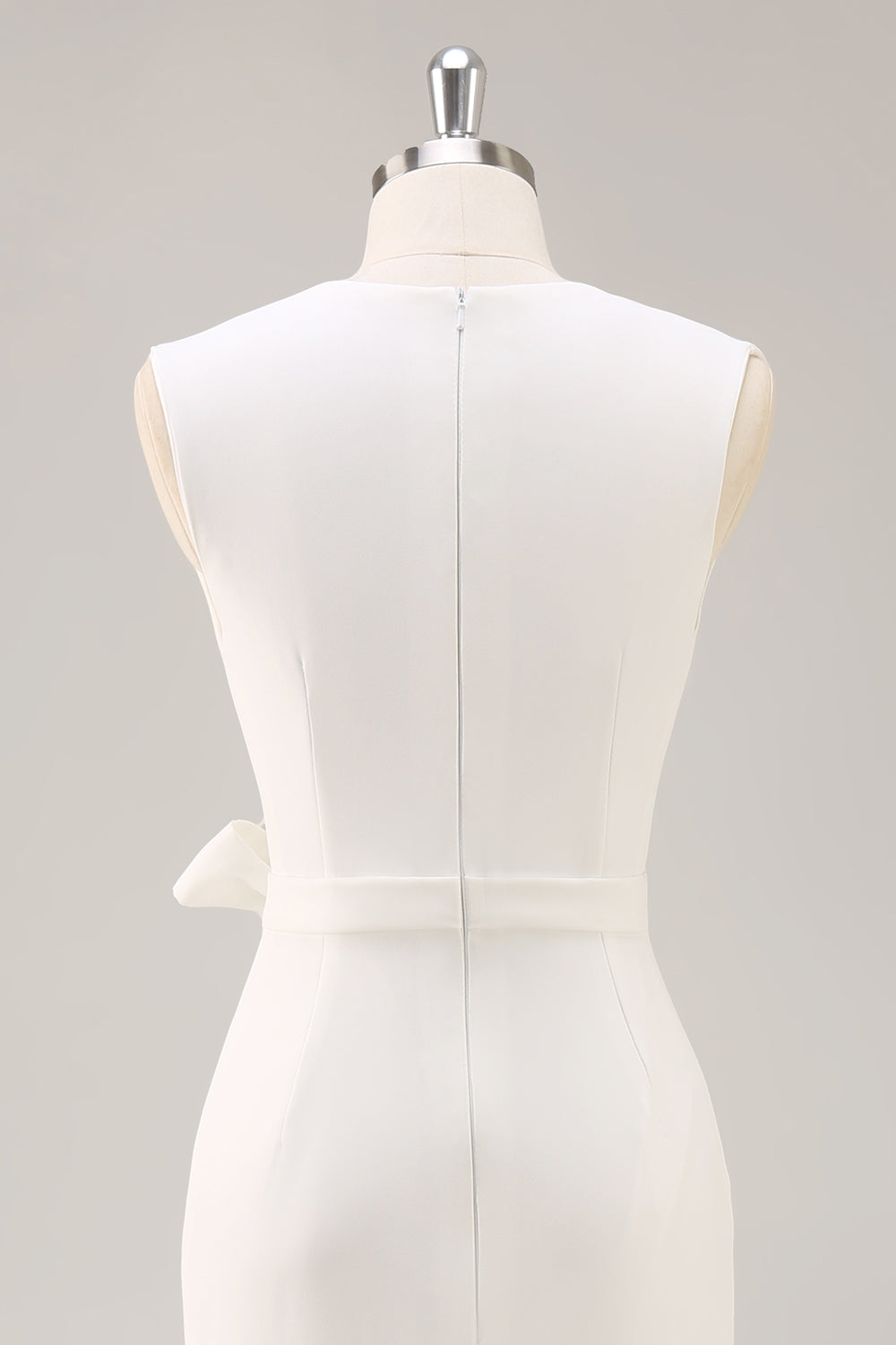 White Satin V-Neck Formal Dress with Belt
