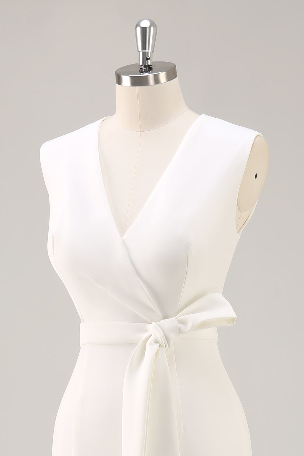White Satin V-Neck Formal Dress with Belt