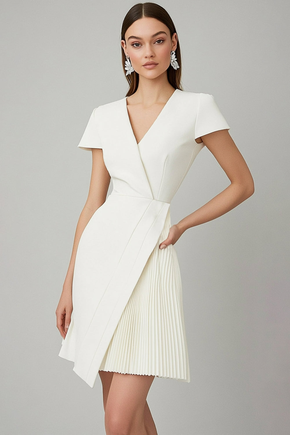 White V-Neck A Line Work Dress with Short Sleeves