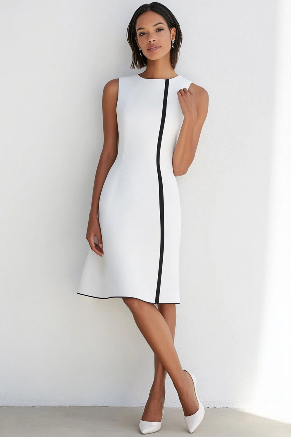 White A Line Satin Sleeveless Formal Dress