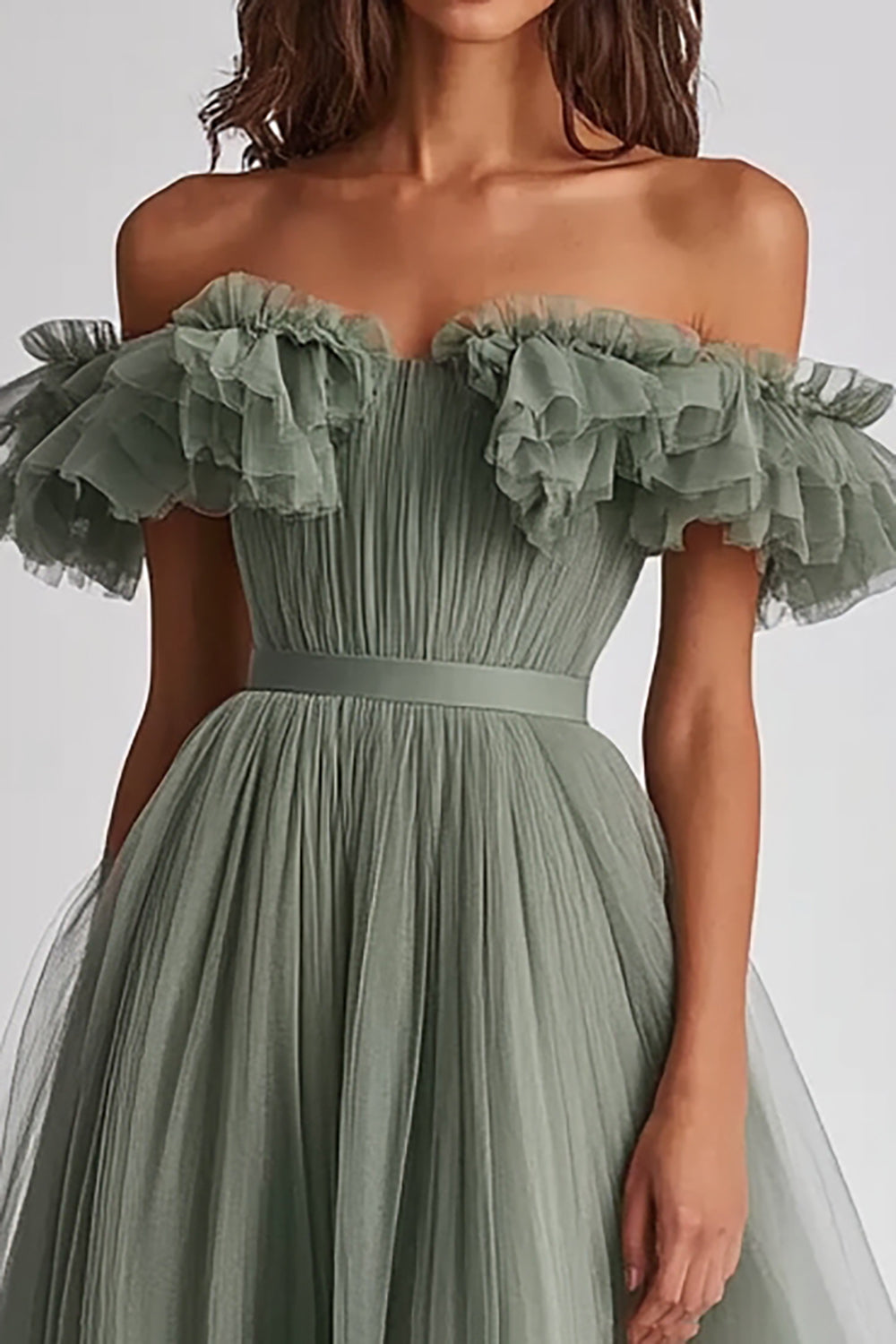 Dusty Sage Off The Shoulder Ruffled A Line Formal Dress