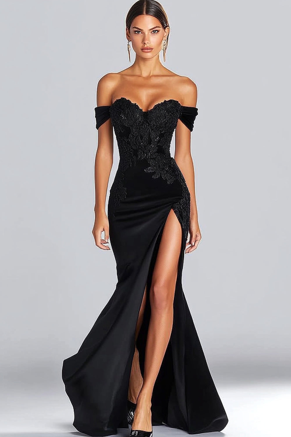 Black Satin Off The Shoulder Mermaid Evening Dress with Slit