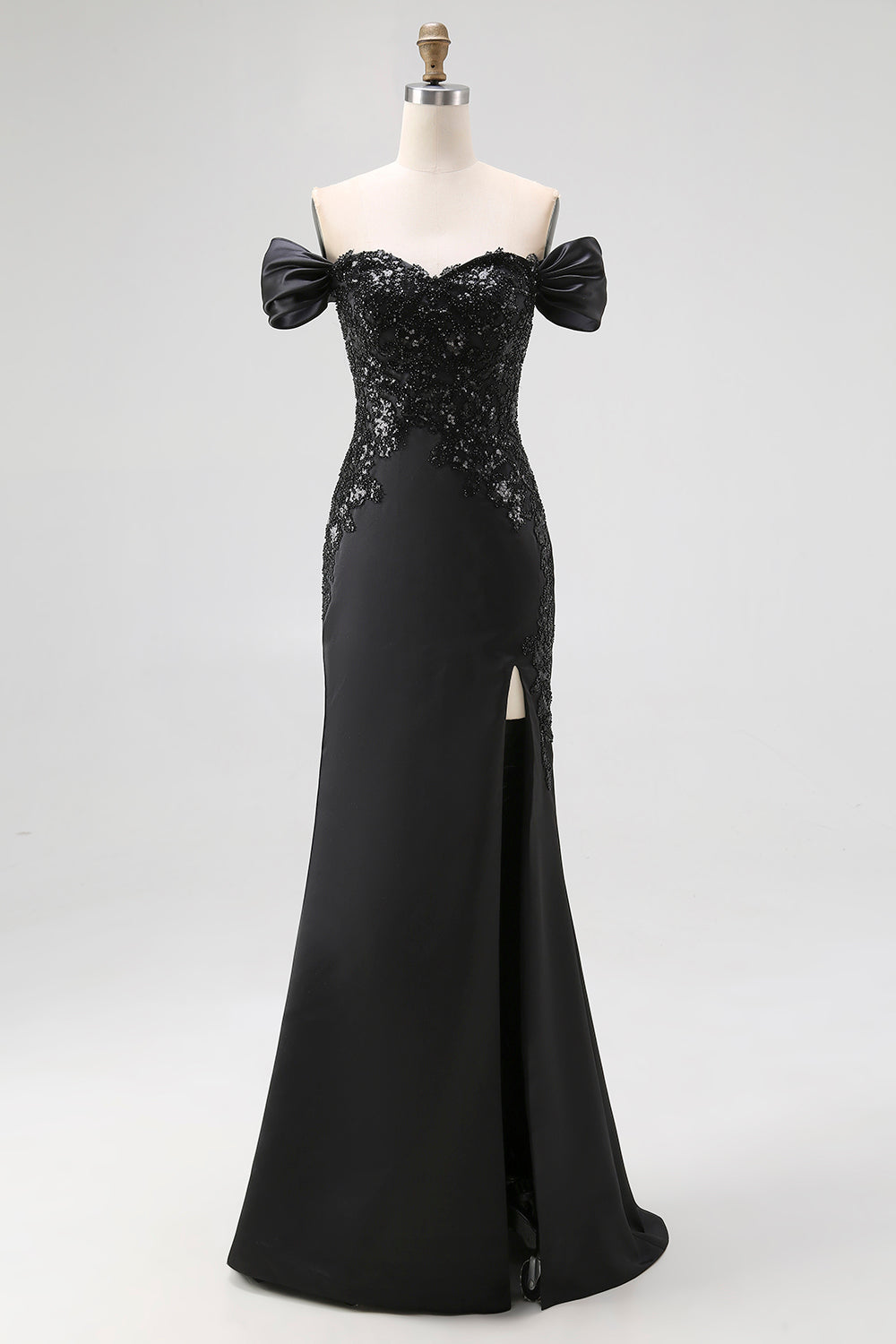 Black Satin Off The Shoulder Mermaid Evening Dress with Slit