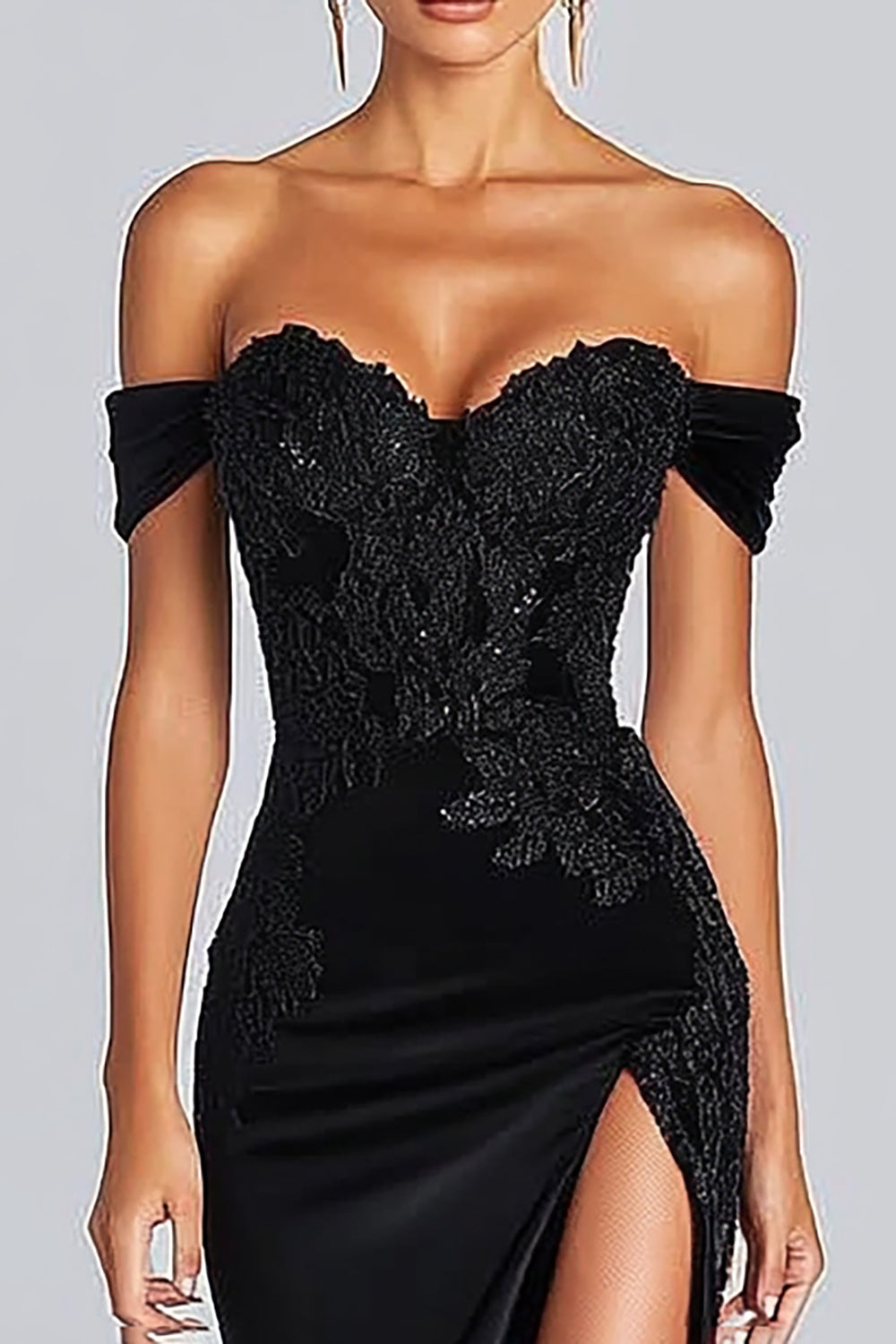 Black Satin Off The Shoulder Mermaid Evening Dress with Slit