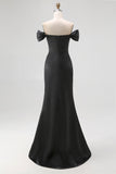 Black Satin Off The Shoulder Mermaid Evening Dress with Slit