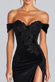 Black Satin Off The Shoulder Mermaid Evening Dress with Slit
