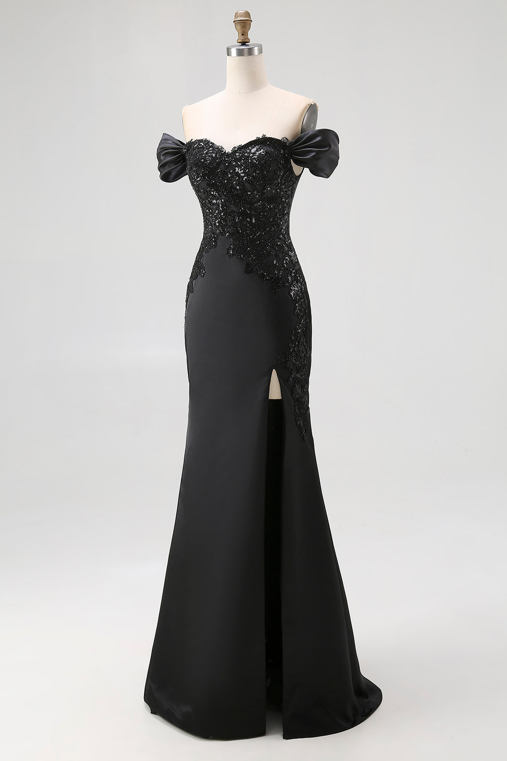 Black Satin Off The Shoulder Mermaid Evening Dress with Slit