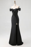 Black Satin Off The Shoulder Mermaid Evening Dress with Slit