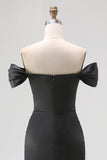 Black Satin Off The Shoulder Mermaid Evening Dress with Slit