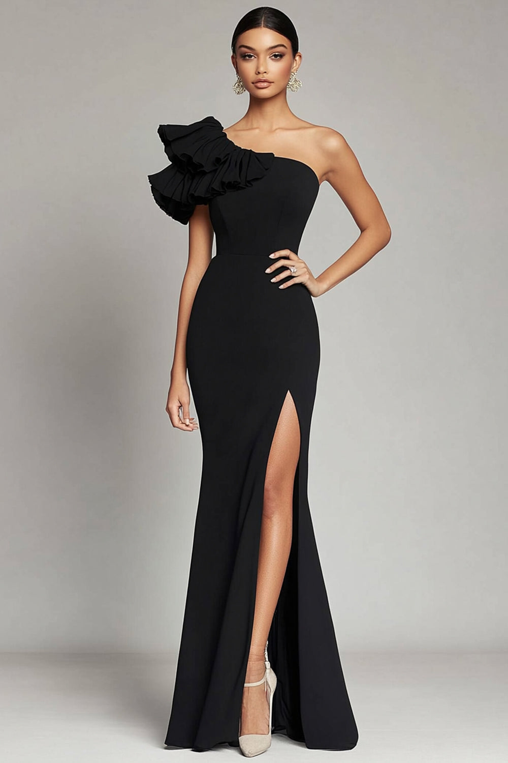 Black One Shoulder Ruffles Mermaid Satin Gala Dress with Slit