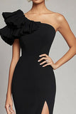 Black One Shoulder Ruffles Mermaid Satin Gala Dress with Slit