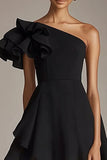 A Line Ruffles Satin Little Black Dress