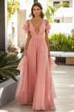 Pink A Line Ruffled Long Wedding Guest Dress