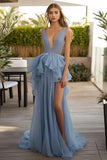 Dusty Blue V Neck Ruffled Wedding Guest Dress With Slit