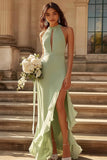 Halter Cut Out Dusty Sage Sheath Chiffon Ruffles Bridesmaid Dress