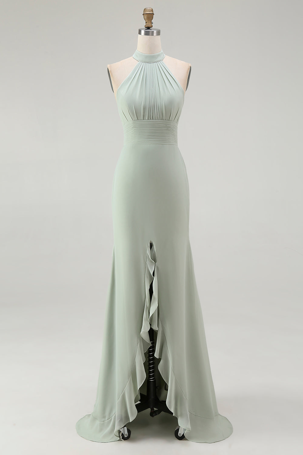 Halter Dusty Sage Mermaid Ruffles Chiffon Bridesmaid Dress