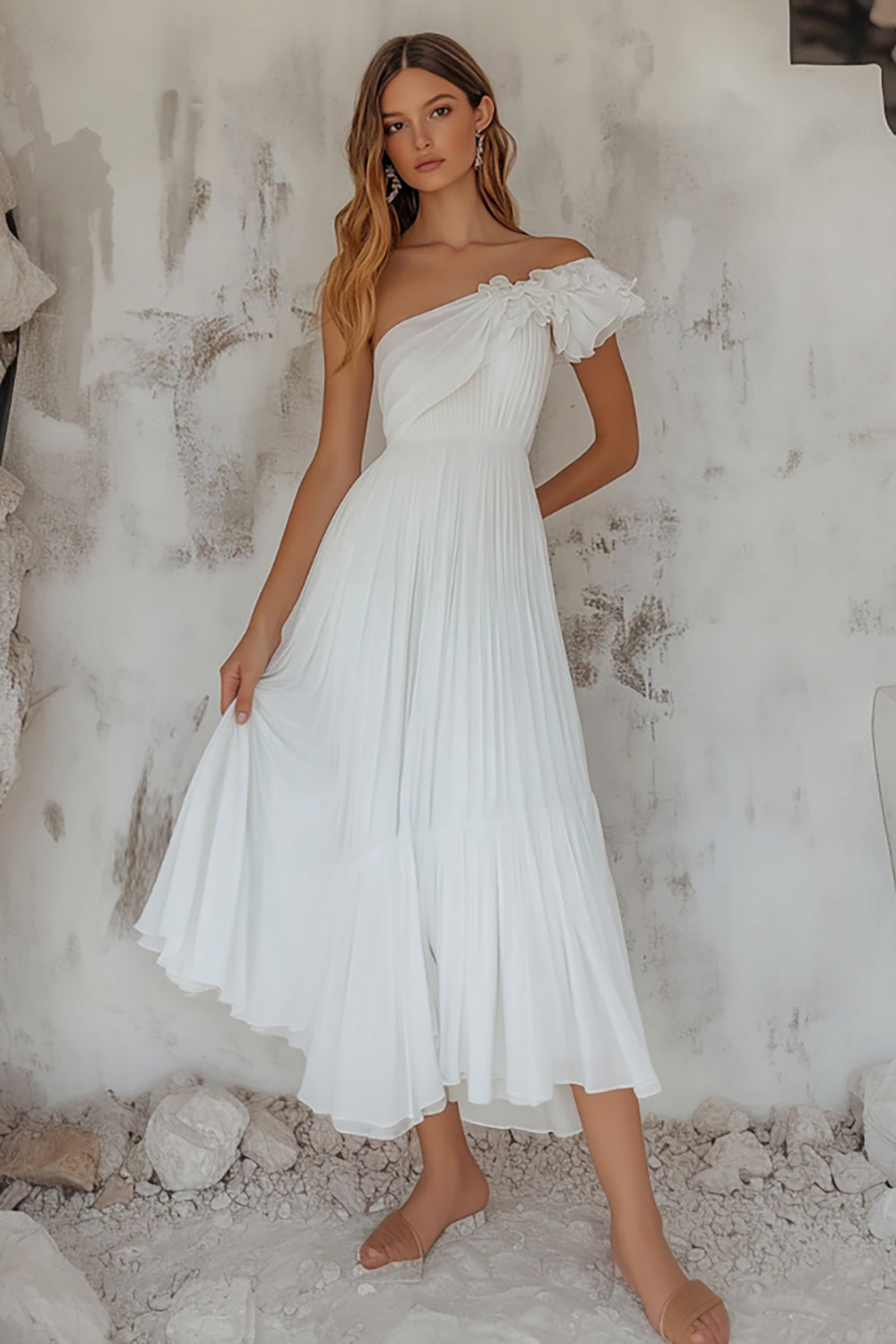One Shoulder Pleated A Line Boho White Dress