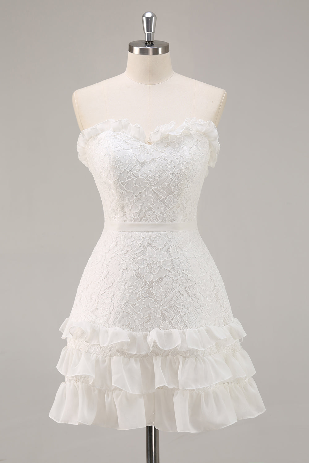 Strapless Lace White A Line Short Graduation Dress