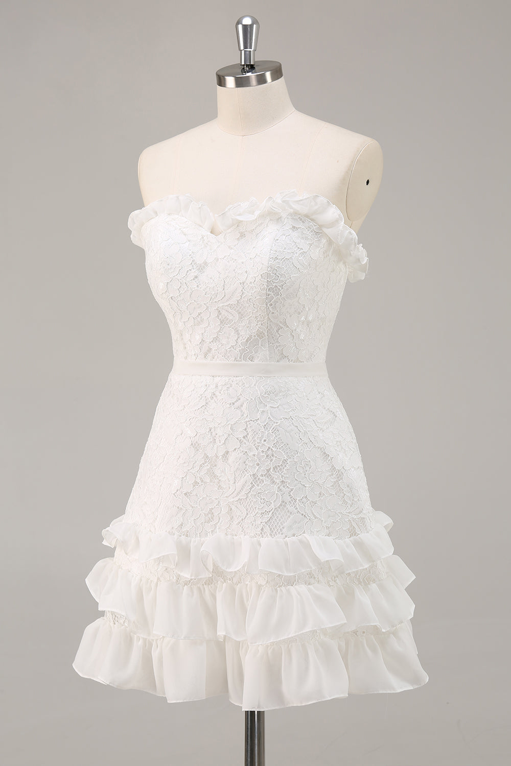 Strapless Lace White A Line Short Graduation Dress