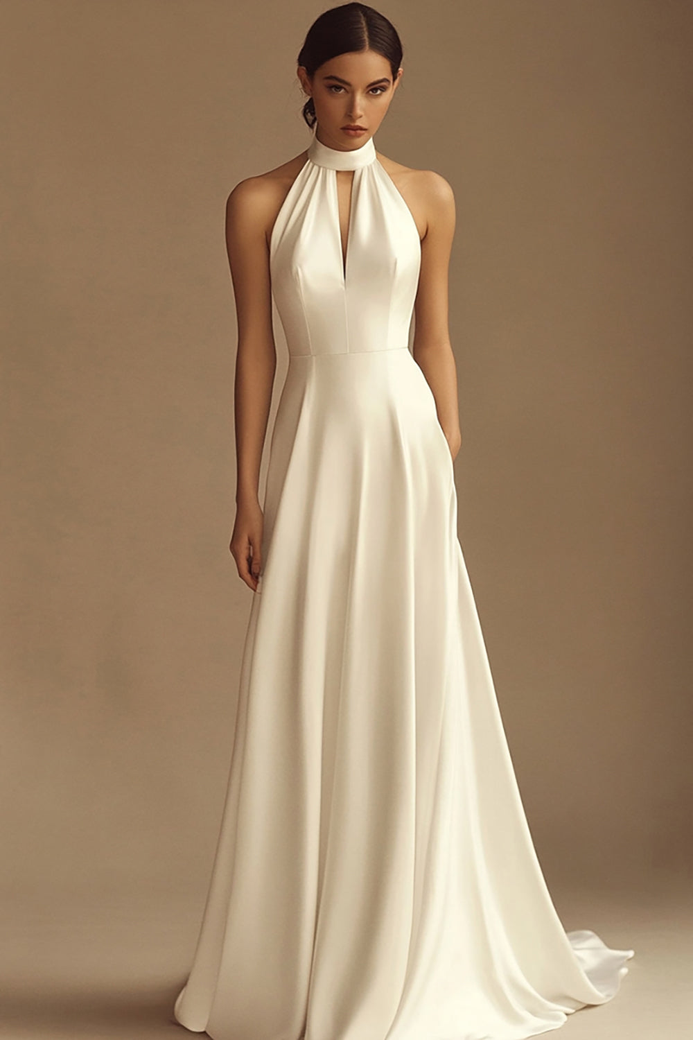 White Halter Satin Backless Wedding Dress