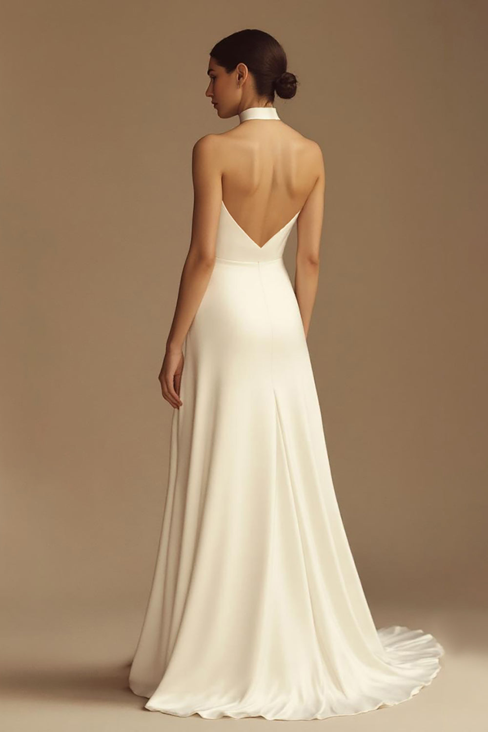 White Halter Satin Backless Wedding Dress