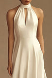 White Halter Satin Backless Wedding Dress