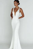Simple White Mermaid V Neck Satin Wedding Dress