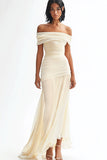 Flowy Ivory Off the Shoulder Ruched Chiffon Sheath Wedding Dress
