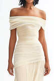 Flowy Ivory Off the Shoulder Ruched Chiffon Sheath Wedding Dress