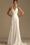White Halter Ruched Satin Mermaid Wedding Dress