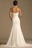 White Halter Ruched Satin Mermaid Wedding Dress