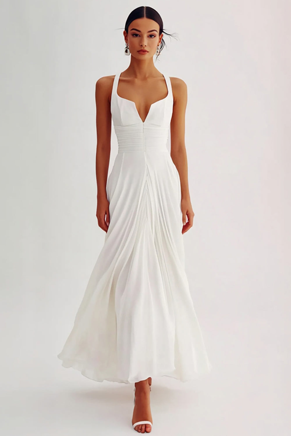 Flowy White Ruched A Line Graduation Dress