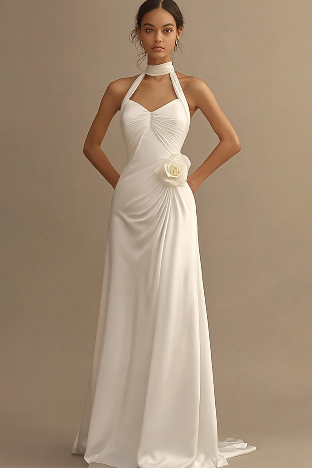A Line White Halter Ruched Wedding Dress with 3D Flower