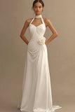 A Line White Halter Ruched Wedding Dress with 3D Flower